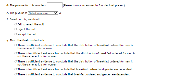 d. The p-value for this sample =
(Please show your answer to four decimal places.)
e. The p-value is Select an answer
f. Based on this, we should
O fail to reject the null
O reject the null
O accept the null
g. Thus, the final conclusion is...
O There is sufficient evidence to conclude that the distribution of breakfast ordered for men is
the same as it is for women.
O There is insufficient evidence to conclude that the distribution of breakfast ordered for men is
not the same as it is for women.
O There is sufficient evidence to conclude that the distribution of breakfast ordered for men is
not the same as it is for women
O There is insufficient evidence to conclude that breakfast ordered and gender are dependent.
O There is sufficient evidence to conclude that breakfast ordered and gender are dependent.
