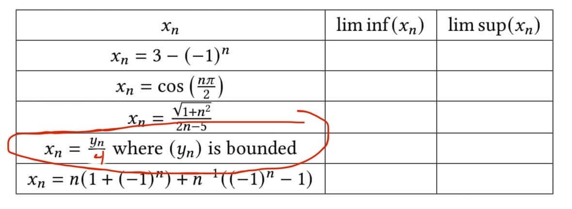 Xn
Xn=3-(-1)"
Xn = cos (¹)
√1+n²
Xn=
2n-5
Xn = where (yn) is bounded
4
Xn = n(1 + (-1)") + n ¹((−1)" - 1)
lim inf (x₂)
lim sup(x₂)