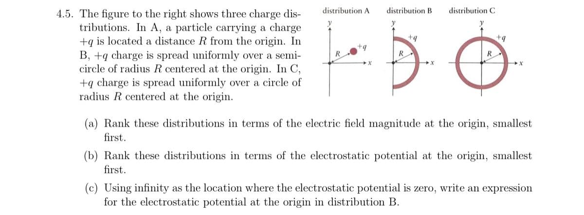 4.5. The figure to the right shows three charge dis-
tributions. In A, a particle carrying a charge
+q is located a distance R from the origin. In
B, +q charge is spread uniformly over a semi-
circle of radius R centered at the origin. In C,
+q charge is spread uniformly over a circle of
radius R centered at the origin.
distribution A
distribution B distribution C
y
R
+9
+9
R
R
x
x
(a) Rank these distributions in terms of the electric field magnitude at the origin, smallest
first.
(b) Rank these distributions in terms of the electrostatic potential at the origin, smallest
first.
(c) Using infinity as the location where the electrostatic potential is zero, write an expression
for the electrostatic potential at the origin in distribution B.