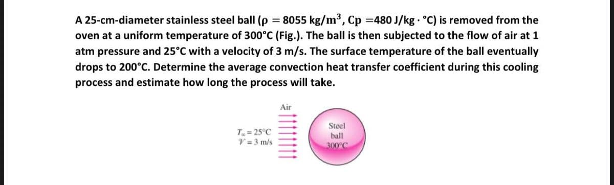 A 25-cm-diameter stainless steel ball (p = 8055 kg/m³, Cp =480 J/kg °C) is removed from the
oven at a uniform temperature of 300°C (Fig.). The ball is then subjected to the flow of air at 1
atm pressure and 25°C with a velocity of 3 m/s. The surface temperature of the ball eventually
drops to 200°C. Determine the average convection heat transfer coefficient during this cooling
process and estimate how long the process will take.
T₁= 25°C
V = 3 m/s
Air
Steel
ball
300°C