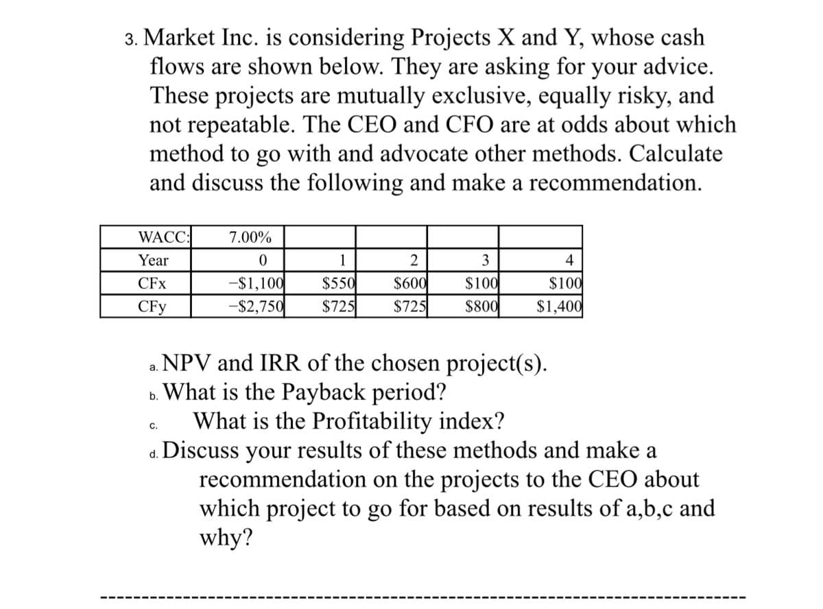 3. Market Inc. is considering Projects X and Y, whose cash
flows are shown below. They are asking for your advice.
These projects are mutually exclusive, equally risky, and
not repeatable. The CEO and CFO are at odds about which
method to go with and advocate other methods. Calculate
and discuss the following and make a recommendation.
WACC:
Year
CFX
CFY
7.00%
0
1
-$1,100
$550
-$2,750 $725
2
$600
$725
3
$100
$800
4
$100
$1,400
a. NPV and IRR of the chosen project(s).
b. What is the Payback period?
What is the Profitability index?
C.
d. Discuss your results of these methods and make a
recommendation on the projects to the CEO about
which project to go for based on results of a,b,c and
why?