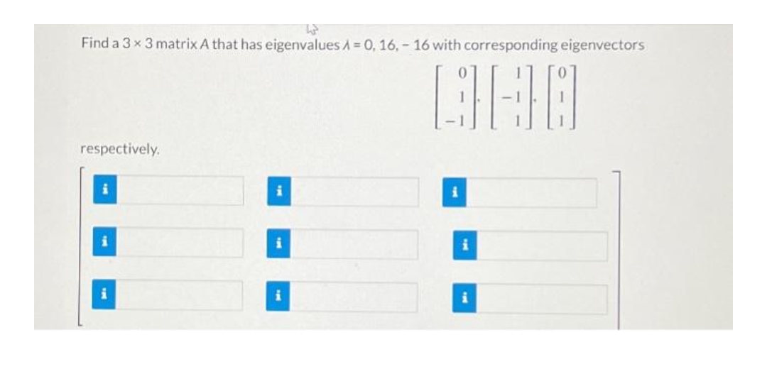 Find a 3 x 3 matrix A that has eigenvalues A = 0, 16, - 16 with corresponding eigenvectors
QHO
respectively.
i