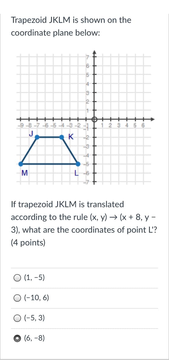 Trapezoid JKLM is shown on the
coordinate plane below:
4.
++
-9 -8 -7 -6 -5 -4 -3 -2 -1
1 2
3
5 6
J
K
M
If trapezoid JKLM is translated
according to the rule (x, y) → (x + 8, y -
3), what are the coordinates of point L'?
(4 points)
O (1, -5)
) (-10, 6)
O (-5, 3)
(6, -8)
