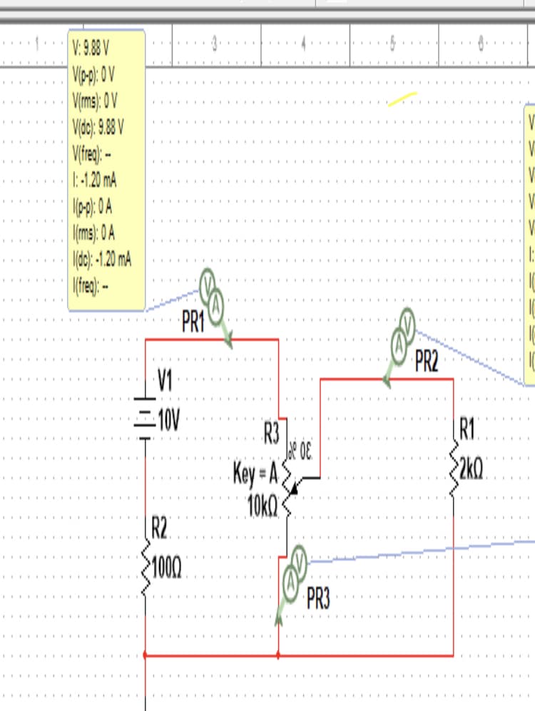 V: 9.88 V
Vims): OV
V(dc): 9.88 V
Vite) -
1:120 mA
ims): 0A
III IIII II III I III III
PRI
PR2
I III II
II I I ILIII
V1
-10V
...
R1
R3
Key - AS
10kQ
..
2k0
.... II
R2.
100
PR3
I III II
