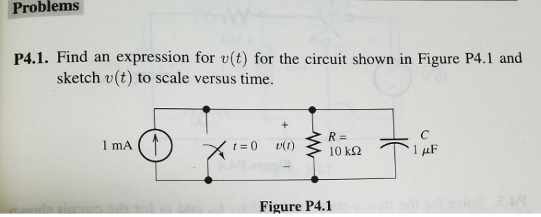 Problems
P4.1. Find an expression for v(t) for the circuit shown in Figure P4.1 and
sketch v(t) to scale versus time.
R =
C
1 mA ( ↑) x=0
v(t)
1 μF
10 k2
Figure P4.1
