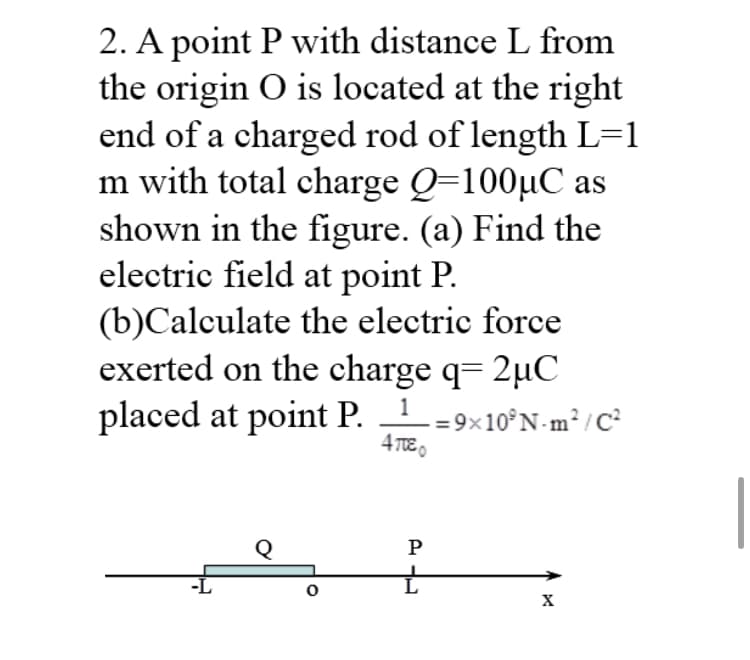 2. A point P with distance L from
the origin O is located at the right
end of a charged rod of length L=1
m with total charge Q=100µC as
shown in the figure. (a) Find the
electric field at point P.
(b)Calculate the electric force
exerted on the charge q= 2µC
placed at point P. 1
- = 9×10°N-m²/C²
4 TOE o
Q
P
-L
X
