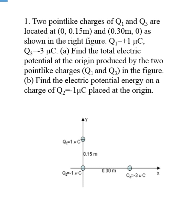1. Two pointlike charges of Q1 and Q3 are
located at (0, 0.15m) and (0.30m, 0) as
shown in the right figure. Q=+1 µC,
Q3=-3 µC. (a) Find the total electric
potential at the origin produced by the two
pointlike charges (Q1 and Q3) in the figure.
(b) Find the electric potential energy on a
charge of Q,=-1µC placed at the origin.
Q=1 v c
0.15 m
0.30 m
QF-3 C
