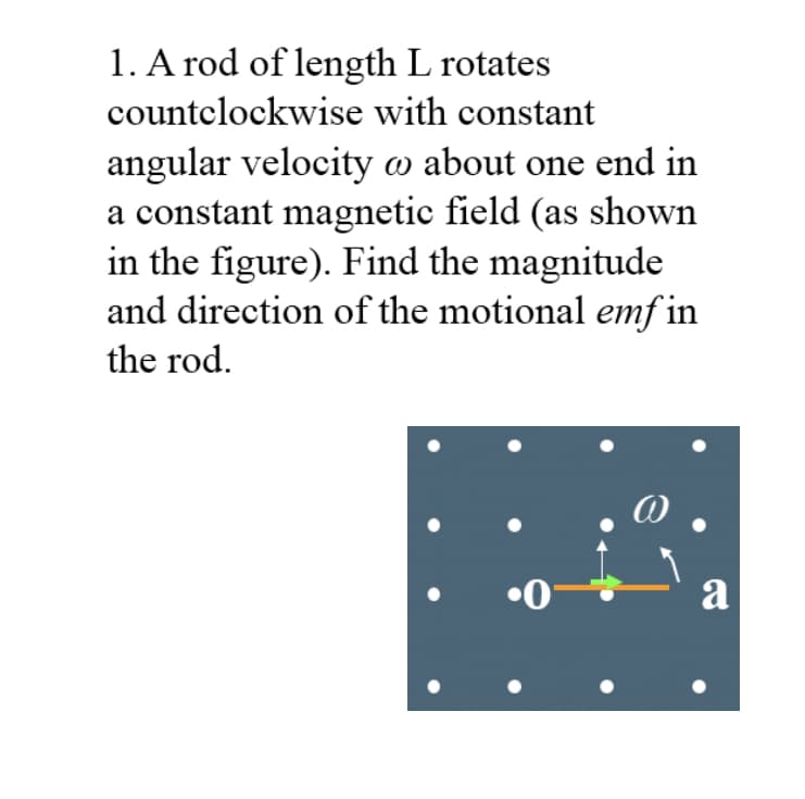 1. A rod of length L rotates
countclockwise with constant
angular velocity w about one end in
a constant magnetic field (as shown
in the figure). Find the magnitude
and direction of the motional emf in
the rod.
•0-
a
