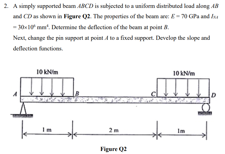 2. A simply supported beam ABCD is subjected to a uniform distributed load along AB
and CD as shown in Figure Q2. The properties of the beam are: E = 70 GPa and InA
= 30x10° mm“. Determine the deflection of the beam at point B.
Next, change the pin support at point A to a fixed support. Develop the slope and
deflection functions.
10 kN/m
10 kN/m
A
B
1m
2 m
Im
Figure Q2
