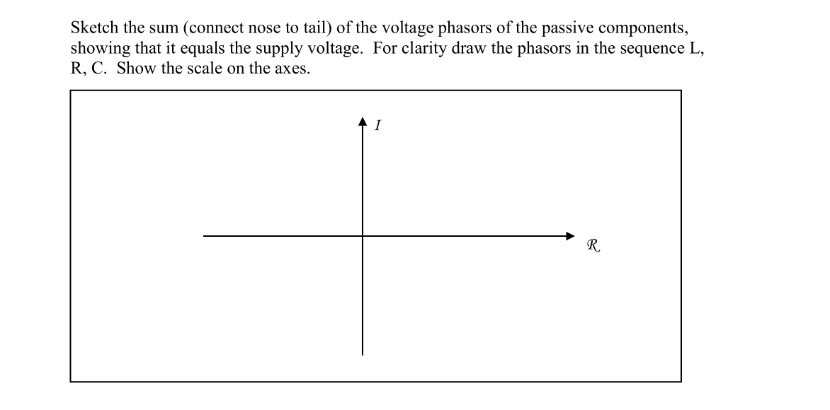 Sketch the sum (connect nose to tail) of the voltage phasors of the passive components,
showing that it equals the supply voltage. For clarity draw the phasors in the sequence L,
R, C. Show the scale on the axes.
R.
