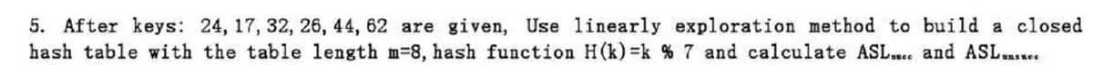 5. After keys: 24, 17, 32, 26, 44, 62 are given, Use linearly exploration method to build a closed
hash table with the table length m-8, hash function H(k)=k % 7 and calculate ASL.. and ASL.e.
