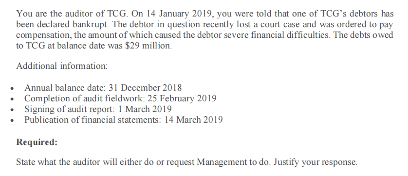 You are the auditor of TCG. On 14 January 2019, you were told that one of TCG's debtors has
been declared bankrupt. The debtor in question recently lost a court case and was ordered to pay
compensation, the amount of which caused the debtor severe financial difficulties. The debts owed
to TCG at balance date was $29 million.
Additional information:
• Annual balance date: 31 December 2018
Completion of audit fieldwork: 25 February 2019
Signing of audit report: 1 March 2019
Publication of financial statements: 14 March 2019
Required:
State what the auditor will either do or request Management to do. Justify your response.

