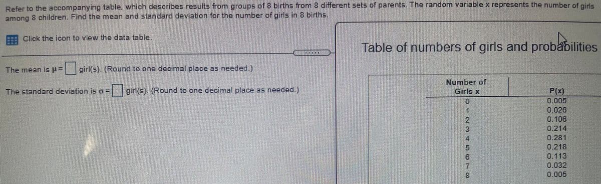 Refer to the accompanying table. which describes results from groups of 8 births from 8 different sets of parents. The random variable x represents the number of gire
among 8 children. Find the mean and standard deviation for the number of girls in 8 births,
Click the icon to view the data table,
Table of numbers of girls and probabilities
The mean is H=
girl(s). (Round to one decimal place as needed.)
Number of
Girls x
P(x)
0.005
0.026
0.106
0.214
0.281
0.218
0.113
0.032
0.005
The standard deviation is o=
| girl(s). (Round to one decimal place as needed
1
2.
41
5.
9.
8.
