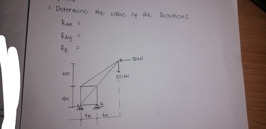 1- Determine the value of the Reactions
RAX ミ
RAy =
RB
50KN
100 KN
4m
4m
bm
