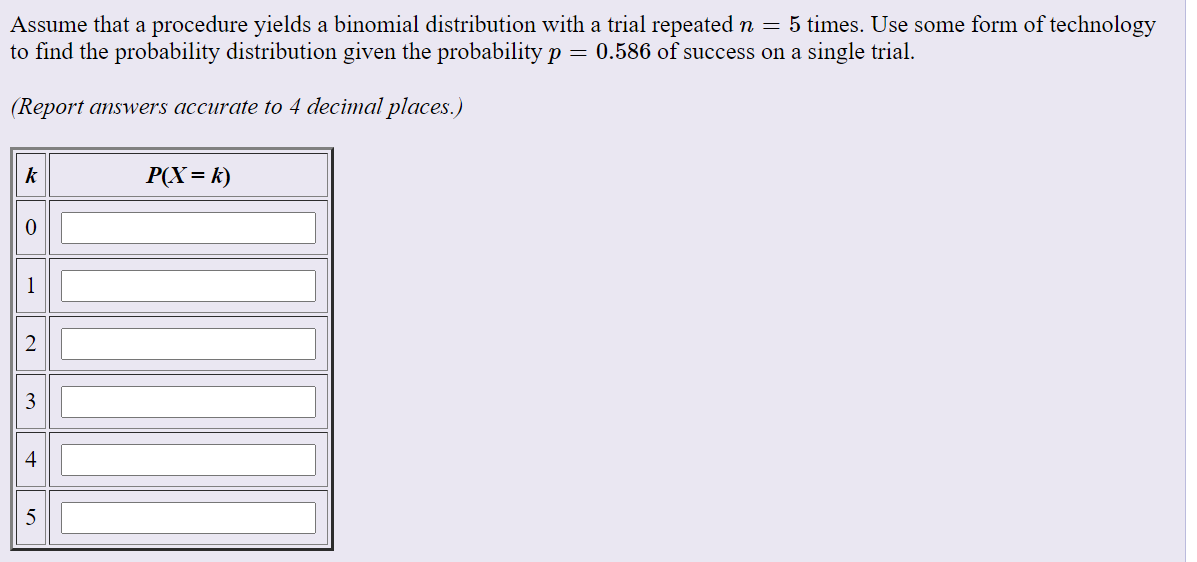 Assume that a procedure yields a binomial distribution with a trial repeated n = 5 times. Use some form of technology
to find the probability distribution given the probability p
= 0.586 of success on a single trial.
(Report answers accurate to 4 decimal places.)
k
P(X= k)
1
2
3
4
5
