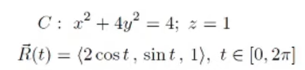 C: x² + 4y² = 4; 2 = 1
R(t) = (2 cost, sint, 1), t = [0, 2π]