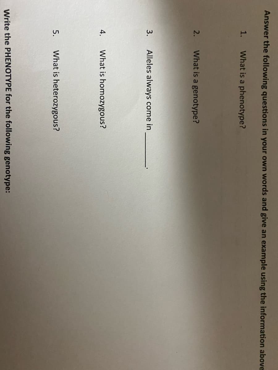 Answer the following questions in your own words and give an example using the information above
1.
What is a phenotype?
2.
What is a genotype?
3.
Alleles always come in
4.
What is homozygous?
5.
What is heterozygous?
Write the PHENOTYPE for the following genotype:
