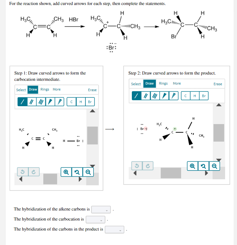 For the reaction shown, add curved arrows for each step, then complete the statements.
H
H
H
H3C
H3C,
c-
CH3 HBr
H3CC-CICH3
-C.CH3
H
Br
:Br:
Step 1: Draw curved arrows to form the
Step 2: Draw curved arrows to form the product.
carbocation intermediate.
Select Draw Rings More
Erase
Select Draw Rings More
Erase
CH Br
cH
Br
H
H,C
H,C
CH,
: Br :
CH,
H - Br :
H
H
The hybridization of the alkene carbons is
The hybridization of the carbocation is
The hybridization of the carbons in the product is
↑
: :
