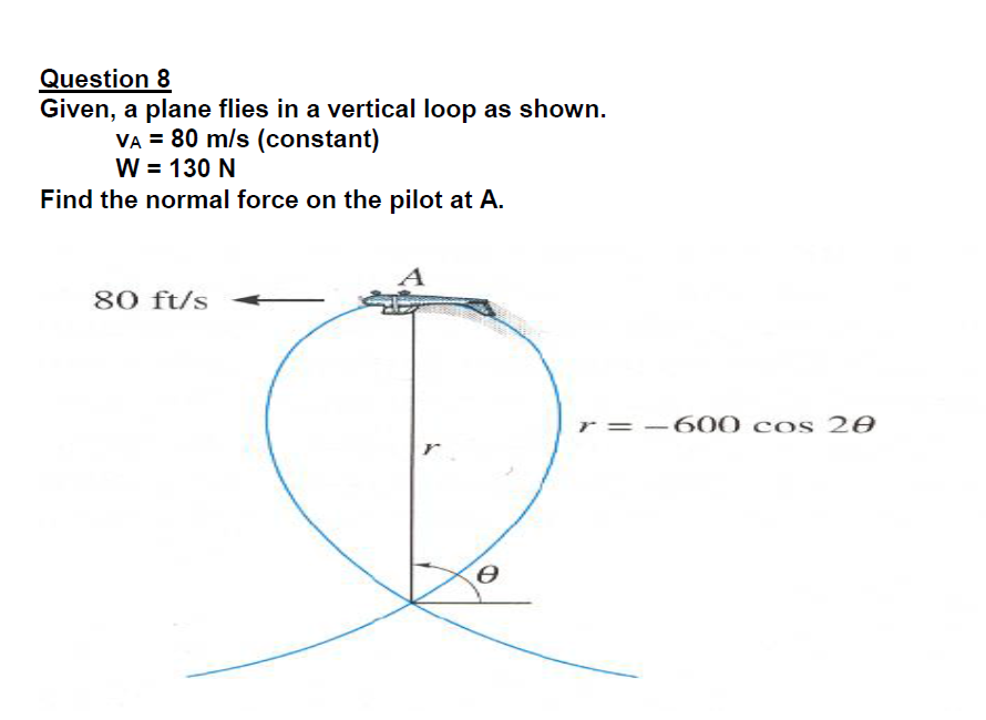 Question 8
Given, a plane flies in a vertical loop as shown.
VA = 80 m/s (constant)
W = 130 N
Find the normal force on the pilot at A.
80 ft/s
r =
600 cos 20

