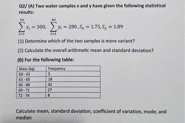 Q2/ (A) Two water samples x and y have given the following statistical
results:
50
40
x = 300, yi = 280, S, = 1.75, Sy = 1.89
i=1
(1) Determine which of the two samples is more variant?
(2) Calculate the overall arithmetic mean and standard deviation?
(B) For the following table:
Mass (kg)
Frequency
60 - 62
5
63 - 65
18
66 - 68
42
69 - 71
27
72 - 74
8
Calculate mean, standard deviation, coefficient of variation, mode, and
median
