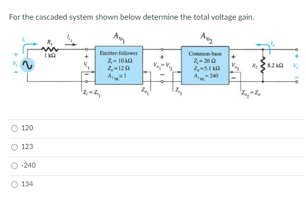 For the cascaded system shown below determine the total voltage gain.
A1
Av₂
R₂
Emitter-follower
Common-base
Z₁ = 2622
1 km2
Zj = 10 ΚΩ
R₁.
Z=1292
2=5.1 ΚΩ
AL=240
Ava
al
Zo₂ = Z₂
120
123
-240
134
¹Z₁ = Z₁₁
20₁
Zing
8.2 ΚΩ