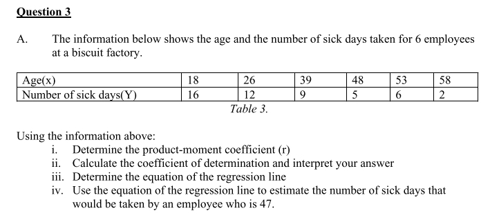 Question 3
A. The information below shows the age and the number of sick days taken for 6 employees
at a biscuit factory.
Age(x)
18
26
39
48
53
58
Number of sick days(Y)
16
12
9
5
6
2
Table 3.
Using the information above:
i. Determine the product-moment coefficient (r)
ii. Calculate the coefficient of determination and interpret your answer
iii. Determine the equation of the regression line
iv. Use the equation of the regression line to estimate the number of sick days that
would be taken by an employee who is 47.
