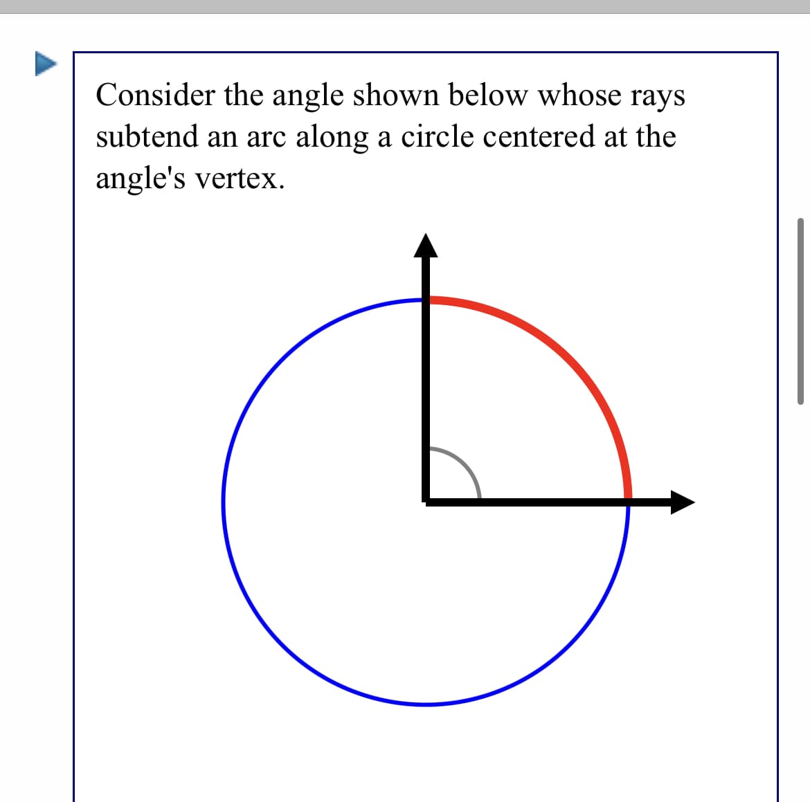 Consider the angle shown below whose rays
subtend an arc along a circle centered at the
angle's vertex.
