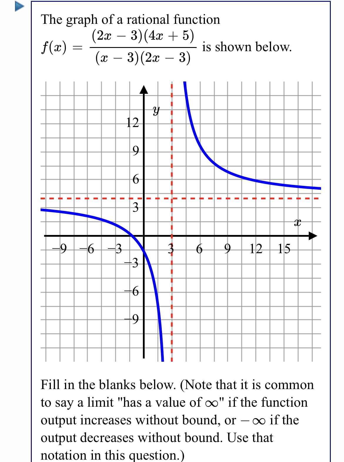 The graph of a rational function
(2а —
3)(4x + 5)
f(x)
is shown below.
(x)
(г — 3)(2а — 3)
12
3
9-6
12 15
Fill in the blanks below. (Note that it is common
to say a limit "has a value of o" if the function
output increases without bound, or –o if the
output decreases without bound. Use that
notation in this question.)
-
3.
