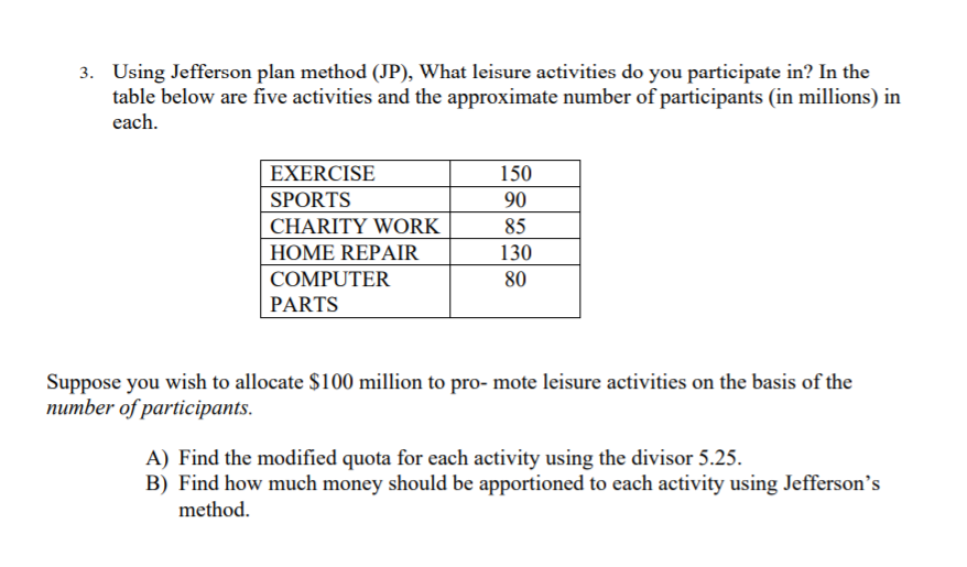 3. Using Jefferson plan method (JP), What leisure activities do you participate in? In the
table below are five activities and the approximate number of participants (in millions) in
each.
EXERCISE
150
SPORTS
90
CHARITY WORK
85
НОМE REPAIR
130
COMPUTER
80
PARTS
Suppose you wish to allocate $100 million to pro- mote leisure activities on the basis of the
пиmber of partiсіpants.
A) Find the modified quota for each activity using the divisor 5.25.
B) Find how much money should be apportioned to each activity using Jefferson's
method.
