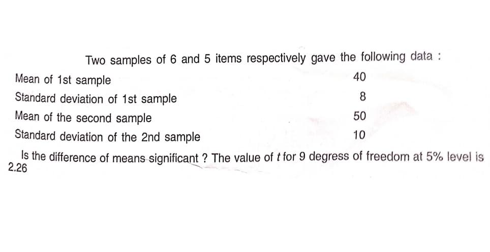 Two samples of 6 and 5 items respectively gave the following data :
Mean of 1st sample
40
Standard deviation of 1st sample
Mean of the second sample
50
Standard deviation of the 2nd sample
10
Is the difference of means significant ? The value of t for 9 degress of freedom at 5% level is
2.26
