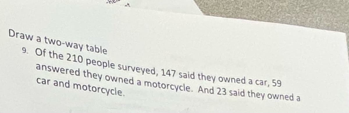Draw a two-way table
9. Of the 210 people surveyed, 147 said they owned a car, 59
answered they owned a motorcycle. And 23 said they owned a
car and motorcycle.
