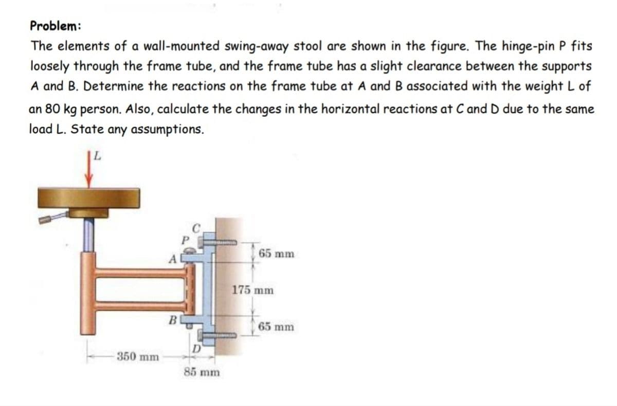 Problem:
The elements of a wall-mounted swing-away stool are shown in the figure. The hinge-pin P fits
loosely through the frame tube, and the frame tube has a slight clearance between the supports
A and B. Determine the reactions on the frame tube at A and B associated with the weight L of
an 80 kg person. Also, calculate the changes in the horizontal reactions at C and D due to the same
load L. State any assumptions.
65 mm
Al
175 mm
B
65 mm
D
350 mm
85 mm
