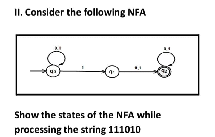 II. Consider the following NFA
0,1
0,1
91
0,1
92
qo
Show the states of the NFA while
processing the string 111010
