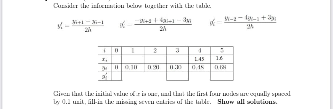 Consider the information below together with the table.
-Yi+2 + 4yi+1 – 3y;
Yi-2 – 4yi–1 +3y;
y =
Yi+1 – Yi–1
2h
2h
2h
i
1
3
4
1.45
1.6
Yi
0 0.10
0.20
0.30
0.48
0.68
Given that the initial value of x is one, and that the first four nodes are equally spaced
by 0.1 unit, fill-in the missing seven entries of the table. Show all solutions.
