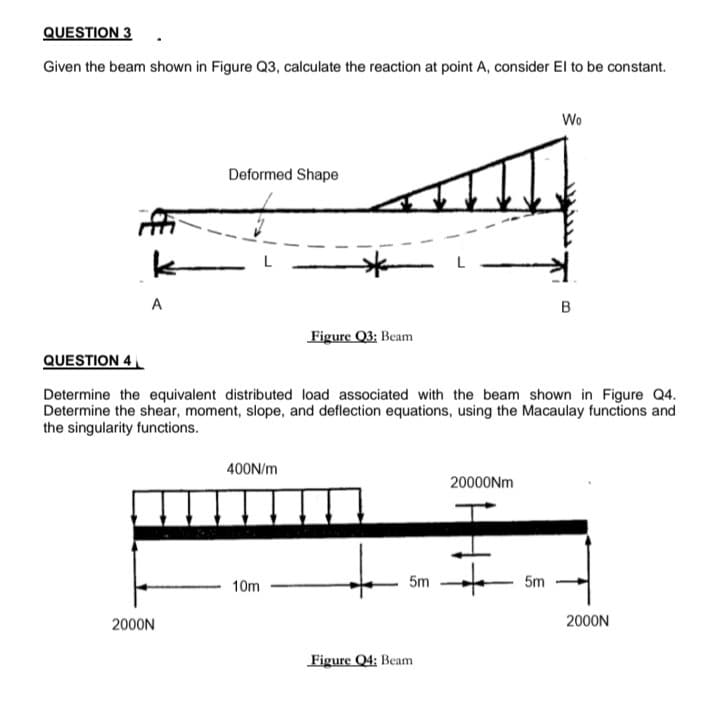 QUESTION 3
Given the beam shown in Figure Q3, calculate the reaction at point A, consider El to be constant.
Wo
Deformed Shape
A
B
Figure Q3: Beam
QUESTION 4
Determine the equivalent distributed load associated with the beam shown in Figure Q4.
Determine the shear, moment, slope, and deflection equations, using the Macaulay functions and
the singularity functions.
400N/m
20000NM
10m
5m
5m
2000N
2000N
Figure Q4; Beam
