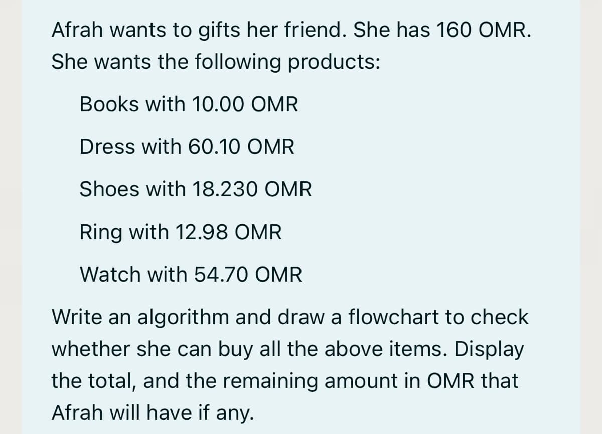 Afrah wants to gifts her friend. She has 160 OMR.
She wants the following products:
Books with 10.00 OMR
Dress with 60.10 OMR
Shoes with 18.230 OMR
Ring with 12.98 OMR
Watch with 54.70 OMR
Write an algorithm and draw a flowchart to check
whether she can buy all the above items. Display
the total, and the remaining amount in OMR that
Afrah will have if any.
