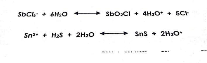 SbCls- + 6H2O
SBO2CI + 4H3O* + 5CI-
Sn2+ + H2S + 2H2O
SnS + 2H30*
