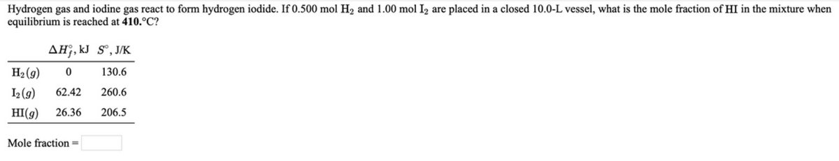 Hydrogen gas and iodine gas react to form hydrogen iodide. If 0.500 mol H2 and 1.00 mol I2 are placed in a closed 10.0-L vessel, what is the mole fraction of HI in the mixture when
equilibrium is reached at 410.°C?
AH¡, kJ S°,J/K
H2 (9)
130.6
I2 (9)
62.42
260.6
HI(9)
26.36
206.5
Mole fraction =
