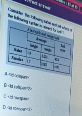 don: 13 of 15
rect answer
Consider the following table and tell which of
the following syntax is conect for cell 1
Au uble with narged a
Awg
ppa
0.00
AC%
Meles 19
Tamales 17
43%
A <td colspan
B <td colspan=2>
C <td rowspan
D td rowspan=2
