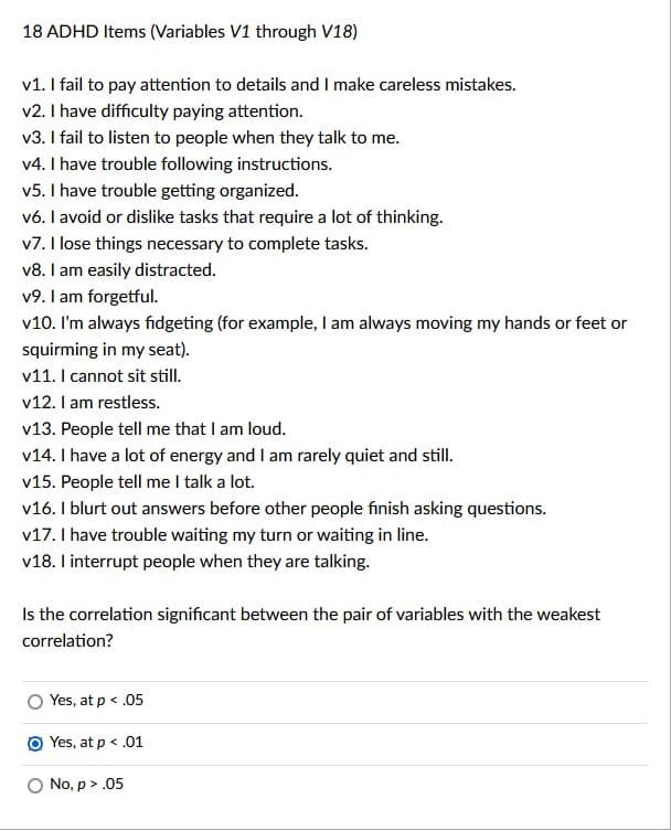 18 ADHD Items (Variables V1 through V18)
v1. I fail to pay attention to details and I make careless mistakes.
v2. I have difficulty paying attention.
v3. I fail to listen to people when they talk to me.
v4. I have trouble following instructions.
v5. I have trouble getting organized.
v6. I avoid or dislike tasks that require a lot of thinking.
v7. I lose things necessary to complete tasks.
v8. I am easily distracted.
v9. I am forgetful.
v10. I'm always fidgeting (for example, I am always moving my hands or feet or
squirming in my seat).
v11. I cannot sit still.
v12. I am restless.
v13. People tell me that I am loud.
v14. I have a lot of energy and I am rarely quiet and still.
v15. People tell me I talk a lot.
v16. I blurt out answers before other people finish asking questions.
v17. I have trouble waiting my turn or waiting in line.
v18. I interrupt people when they are talking.
Is the correlation significant between the pair of variables with the weakest
correlation?
Yes, at p < .05
Yes, at p < .01
O No, p> .05
