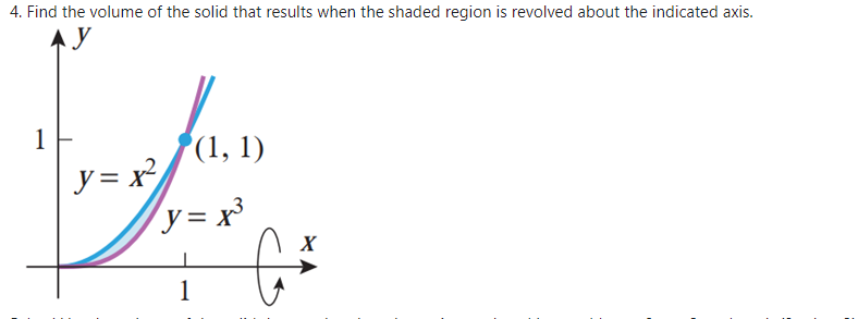 4. Find the volume of the solid that results when the shaded region is revolved about the indicated axis.
1
(1, 1)
y = x²
y = x³
X
1
