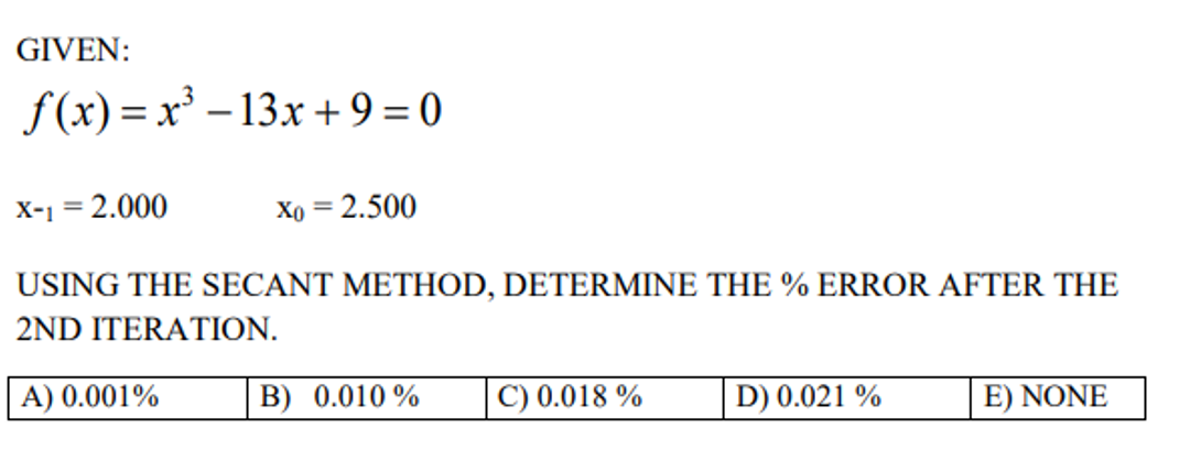 GIVEN:
f(x)= x³ -13x +9=0
X-1 = 2.000
Xo = 2.500
USING THE SECANT METHOD, DETERMINE THE % ERROR AFTER THE
2ND ITERATION.
A) 0.001%
B) 0.010%
C) 0.018 %
D) 0.021 %
E) NONE