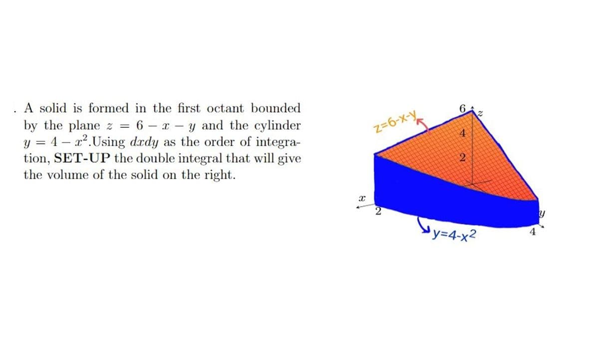 A solid is formed in the first octant bounded
by the plane z = 6xy and the cylinder
y = 4x².Using dady as the order of integra-
tion, SET-UP the double integral that will give
the volume of the solid on the right.
X
z=6-x-y
6
4
2
y=4-x²
4