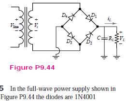 c=R
Figure P9.44
5 In the full-wave power supply shown in
Figure P9.44 the diodes are 1N4001
