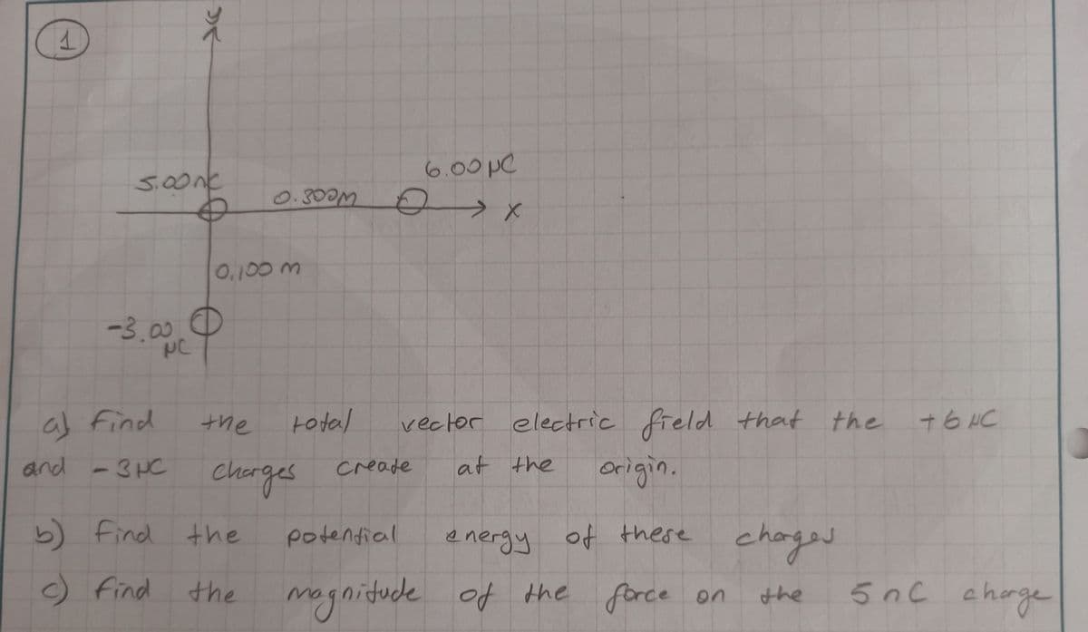 500Ak
6.00pC
0.300M
0.100m
-3.00. 0
al find
total
uht
vector electric field
that the
+6NC
and -3HC
Charges creade
at the
origin.
5) find the
potendial
there
chages
5nC cherge
energy of
chare
O find
the magnidude
of the force on
the
