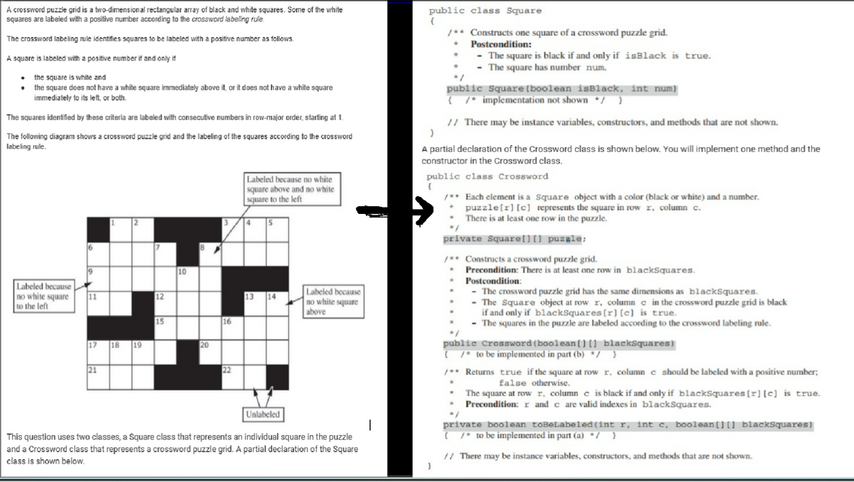 A crossword puzzle grid is a two-dimensional rectangular array of black and white squares. Some of the white
squares are labeled with a positive number according to the crossword labeling rule.
The crossword labeling rule identifies squares to be labeled with a positive number as follows.
A square is labeled with a positive number if and only if
the square is white and
the square does not have a white square immediately above it, or it does not have a white square
immediately to its left, or both.
The squares identified by these criteria are labeled with consecutive numbers in row-major order, starting at 1
The following diagram shows a crossword puzzle grid and the labeling of the squares according to the crossword
labeling rule.
Labeled because no white
square above and no white
square to the left
{
public class Square
/** Constructs one square of a crossword puzzle grid.
*
Postcondition:
- The square is black if and only if isBlack is true.
-The square has number num.
public Square (boolean isBlack, int num)
(
/* implementation not shown */ }
// There may be instance variables, constructors, and methods that are not shown.
}
A partial declaration of the Crossword class is shown below. You will implement one method and the
constructor in the Crossword class.
public class Crossword
/** Each element is a Square object with a color (black or white) and a number.
puzzle[r][c] represents the square in row r, column c.
1
4
5
•
There is at least one row in the puzzle.
"
Labeled because
no white square
to the left
11
12
17
18
19
21
15
10
20
16
22
private Square[][] puzzle;
/** Constructs a crossword puzzle grid.
M
13
14
Labeled because
no white square
above
IM
Unlabeled
This question uses two classes, a Square class that represents an individual square in the puzzle
and a Crossword class that represents a crossword puzzle grid. A partial declaration of the Square
class is shown below.
Precondition: There is at least one row in blackSquares.
Postcondition:
-The crossword puzzle grid has the same dimensions as blackSquares.
-The Square object at row r, column c in the crossword puzzle grid is black
if and only if blackSquares [r] [c] is true.
-The squares in the puzzle are labeled according to the crossword labeling rule.
public Crossword (boolean[] [] blackSquares)
( /* to be implemented in part (b) */ }
**Returns true if the square at row r, column c should be labeled with a positive number;
false otherwise.
4
The square at row r, column c is black if and only if blackSquares [r] [c] is true.
Precondition: r and c are valid indexes in blackSquares.
private boolean toBeLabeled (int r, int c, boolean[] [] blackSquares)
/* to be implemented in part (a) */ }
(
// There may be instance variables, constructors, and methods that are not shown.