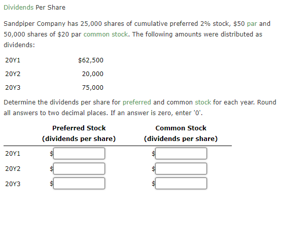 Dividends Per Share
Sandpiper Company has 25,000 shares of cumulative preferred 2% stock, $50 par and
50,000 shares of $20 par common stock. The following amounts were distributed as
dividends:
20Y1
20Y2
20Y3
Determine the dividends per share for preferred and common stock for each year. Round
all answers to two decimal places. If an answer is zero, enter '0'.
20Y1
20Y2
20Y3
$62,500
20,000
75,000
Preferred Stock
(dividends per share)
$
$
Common Stock
(dividends per share)