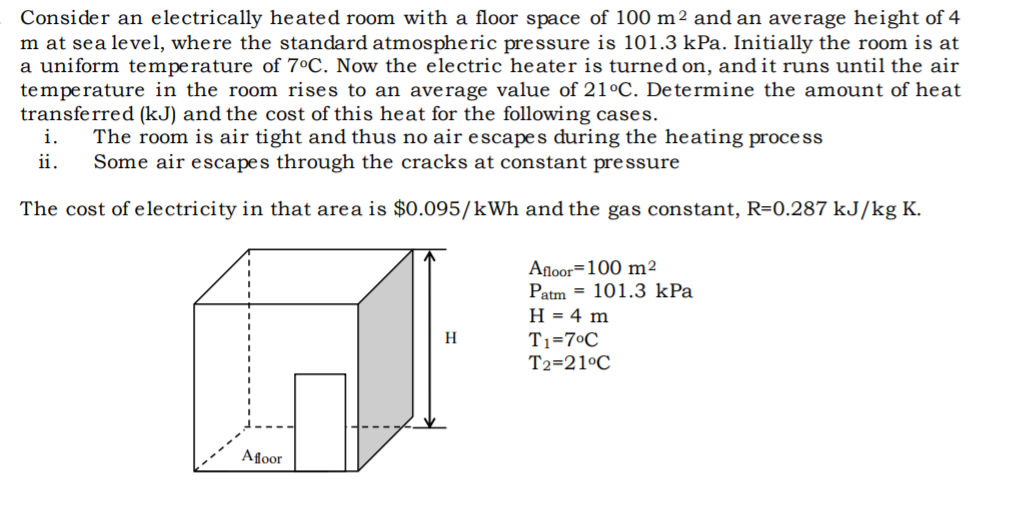 Consider an electrically heated room with a floor space of 100 m² and an average height of 4
m at sea level, where the standard atmospheric pressure is 101.3 kPa. Initially the room is at
a uniform temperature of 7°C. Now the electric heater is turned on, and it runs until the air
temperature in the room rises to an average value of 21°C. Determine the amount of heat
transferred (kJ) and the cost of this heat for the following cases.
i.
The room is air tight and thus no air escapes during the heating process
Some air escapes through the cracks at constant pressure
ii.
The cost of electricity in that area is $0.095/kWh and the gas constant, R=0.287 kJ/kg K.
Aloor=100 m2
Patm = 101.3 kPa
H = 4 m
T1=7°C
T2=21°C
H
Afoor
