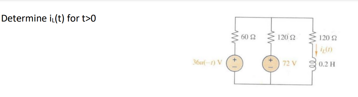 Determine iL(t) for t>0
60 2
120 2
120 2
36u(-1) V
72 V
0.2 H
