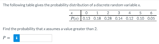 The following table gives the probability distribution of a discrete random variable x.
1
2
3
4
5
6
P(x) 0.13 0.18 0.28 0.14 0.12 0.10 0.05
Find the probability that x assumes a value greater than 2.
P =
i
